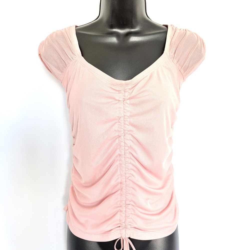 GUESS Top Ruched Mesh Cap Sleeve Small Pink